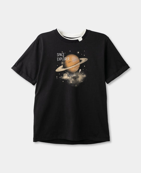 Camiseta Con Estampado De Saturno Para Niño En Tela Suave Color Negro