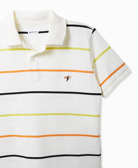 Camiseta Tipo Polo Para Niño En Algodón Color Marfil Con Rayas