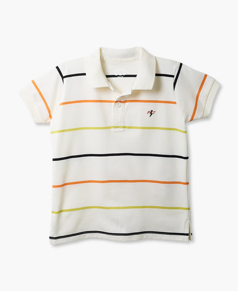 Camiseta Tipo Polo Para Bebé Niño En Algodón Color Marfil Con Rayas