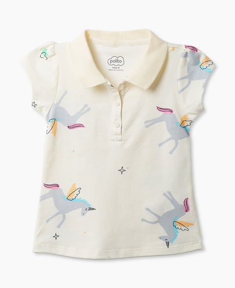 Camiseta Tipo Polo Estampada Para Niña En Algodón Color Marfil