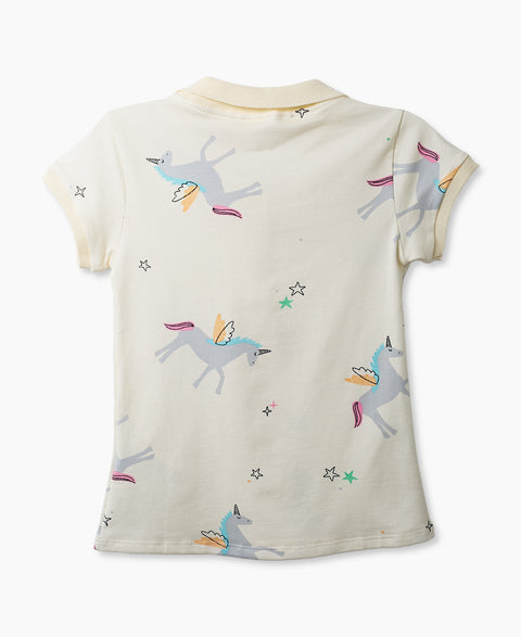Camiseta Tipo Polo Estampada Para Niña En Algodón Color Marfil