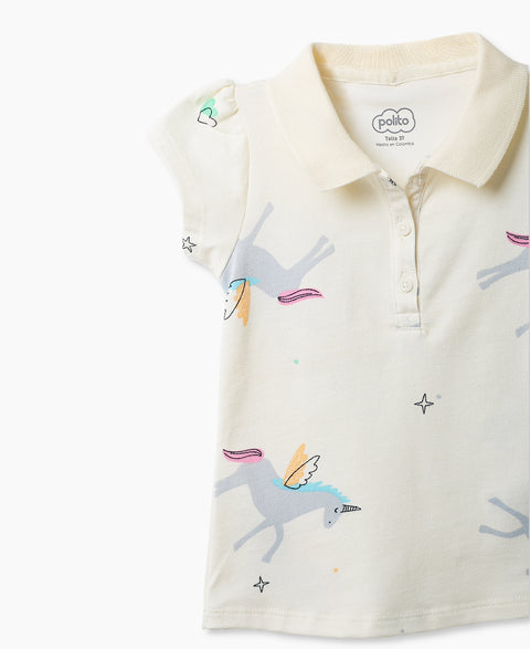 Camiseta Tipo Polo Estampada Para Niña En Algodón Color Marfil