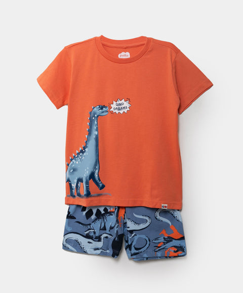 Pijama Manga Corta Y Bermuda Para Bebé Niño En Tela Suave Color Naranja Y Azul