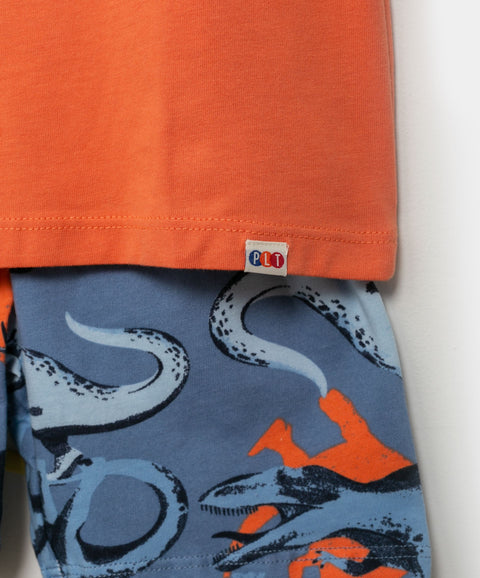 Pijama Manga Corta Y Bermuda Para Bebé Niño En Tela Suave Color Naranja Y Azul