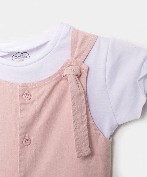 Conjunto Overol Y Camiseta Para Bebé Niña En Lino Color Rosado