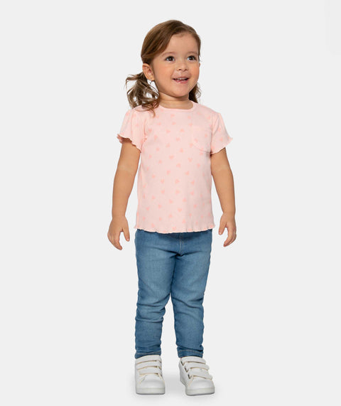 Camiseta Estampada Manga Corta Para Bebe Niña En Rib Color Rosado