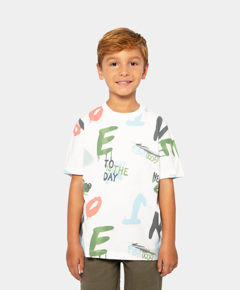Camiseta Manga Corta Estampada Para Niño En Tela Suave Color Marfil