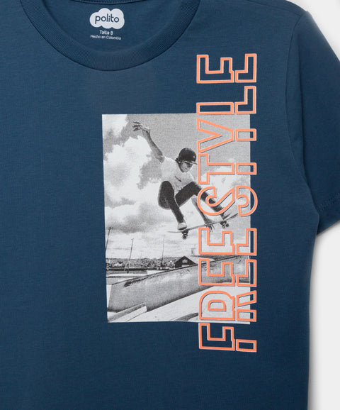 Camiseta Manga Corta Para Niño En Tela Suave Color Azul Marino