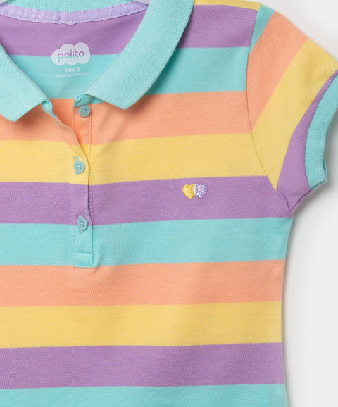 Camiseta Tipo Polo Para Niña En Algodón Color Mandarina Con Rayas