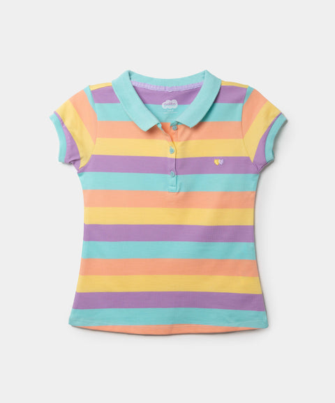 Camiseta Tipo Polo Para Niña En Algodón Color Mandarina Con Rayas