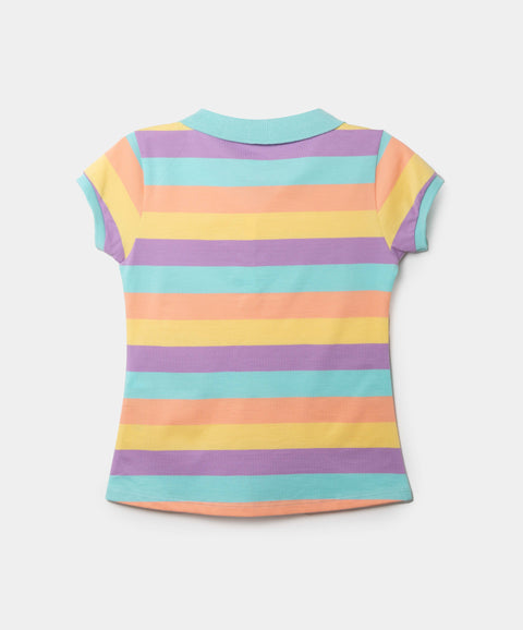 Camiseta Tipo Polo Para Niña En Algodón Color Mandarina Con Rayas