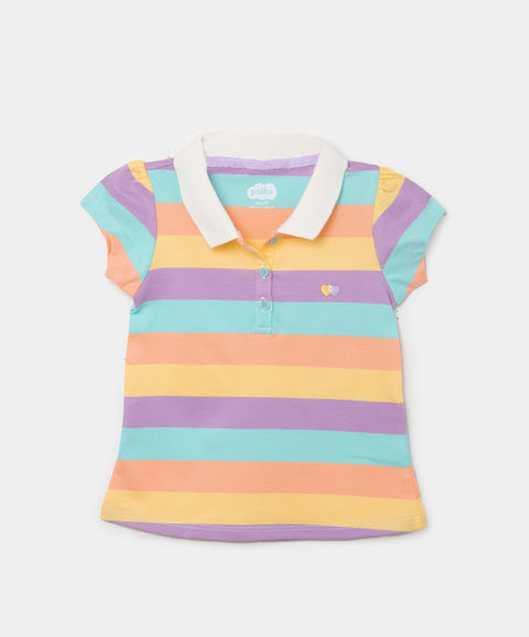 Camiseta Tipo Polo Para Bebé Niña En Algodón Color Mandarina Con Rayas