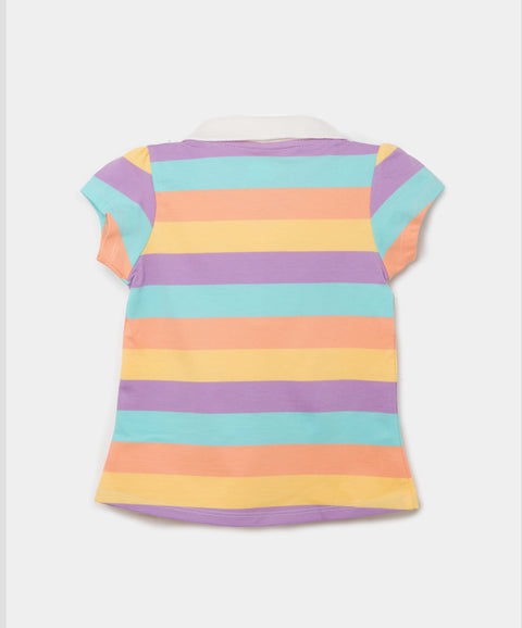 Camiseta Tipo Polo Para Bebé Niña En Algodón Color Mandarina Con Rayas