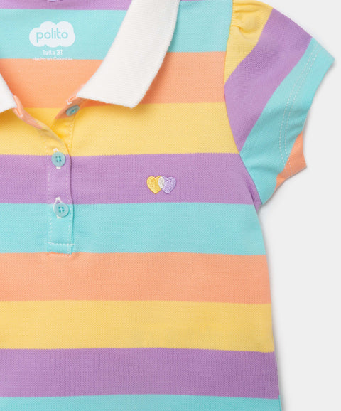Camiseta Tipo Polo Para Bebé Niña En Algodón Color Mandarina Con Rayas