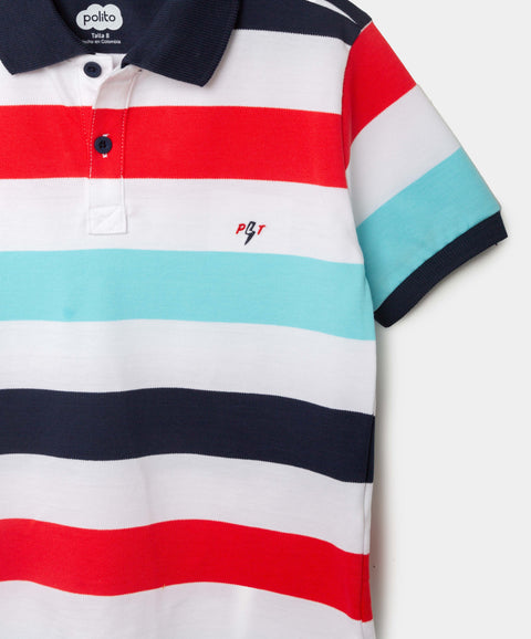 Camiseta Tipo Polo Para Niño En Algodón Color Azul Navy Con Rayas