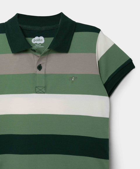 Camiseta Tipo Polo Para Bebé Niño En Algodón Color Verde Con Rayas