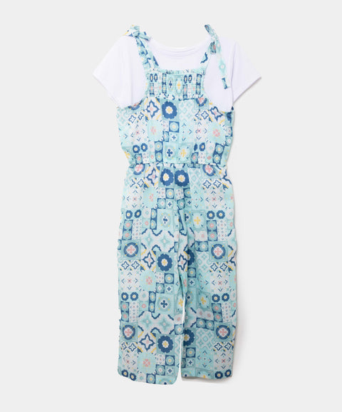 Conjunto De Enterizo Y Camiseta Para Bebé Niña En Tela Suave Color Azul Estampado