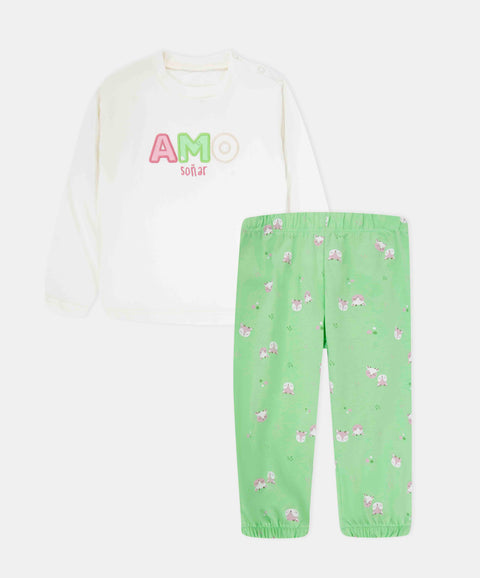 Pijama Camiseta Y Pantalón Para Recién Nacida Color Marfil Y Verde Claro