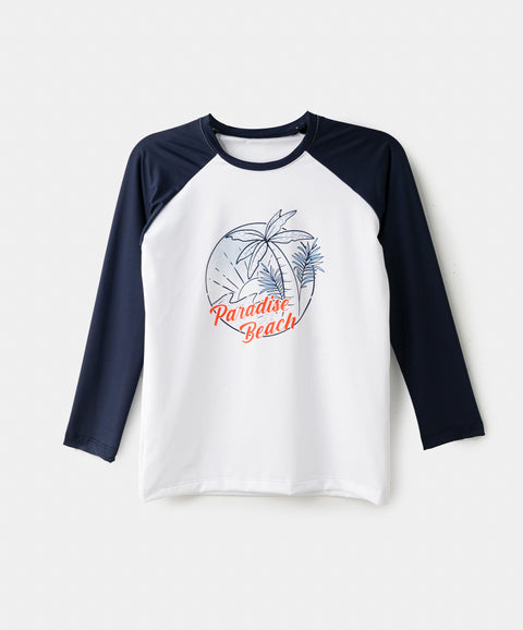 Camiseta Manga Larga De Playa Para Niño En Licra Color Blanco Y Azul