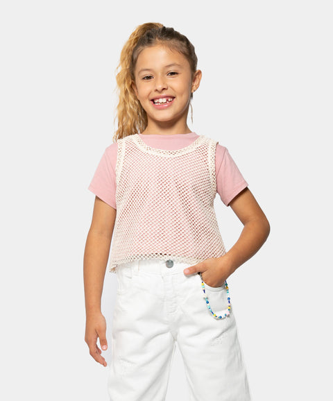 Camiseta Manga Corta Con Malla Para Niña En Licra Color Palo De Rosa