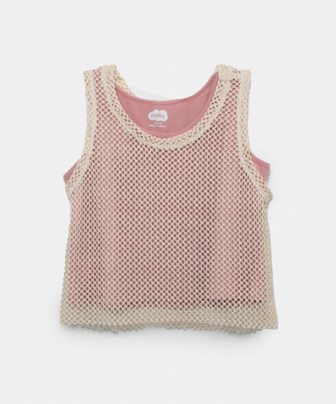 Camiseta Manga Sisa Con Malla Para Niña En Licra Color Palo De Rosa