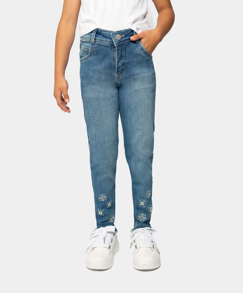 Jean Slim Tiro Alto Para Niña En Denim