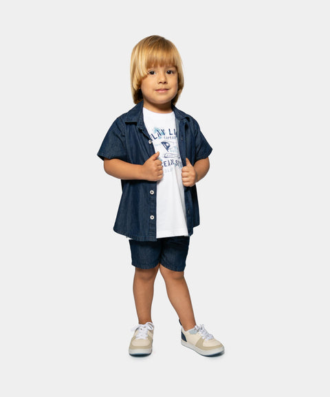 Conjunto De Camisa Y Bermuda Para Bebé Niño En Algodón Color Índigo Oscuro Y Blanco