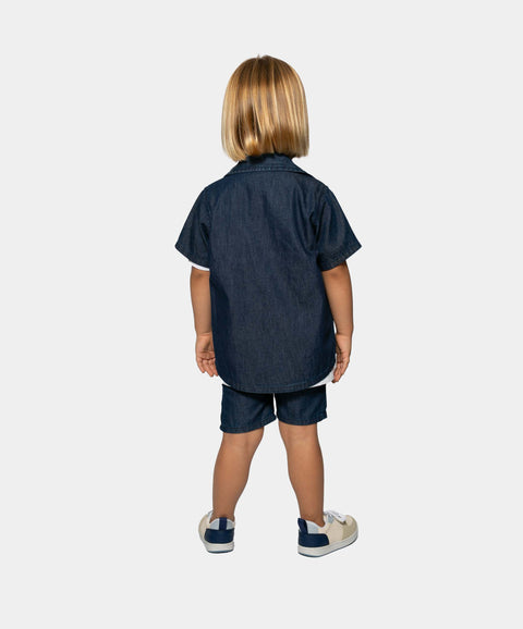 Conjunto De Camisa Y Bermuda Para Bebé Niño En Algodón Color Índigo Oscuro Y Blanco