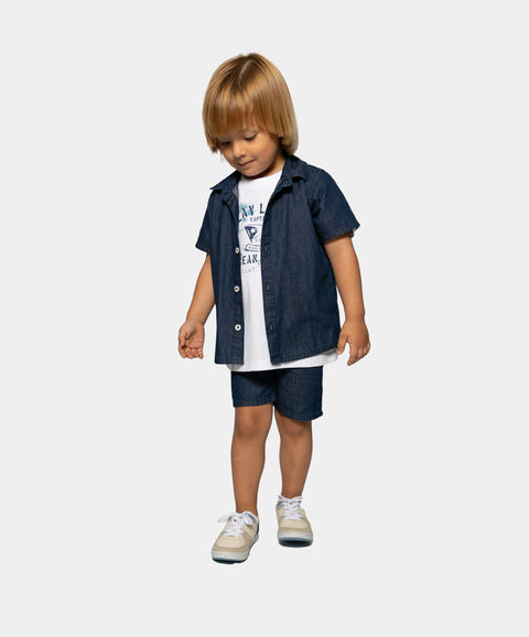 Conjunto De Camisa Y Bermuda Para Bebé Niño En Algodón Color Índigo Oscuro Y Blanco
