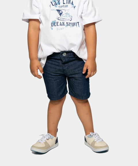 Conjunto De Camisa Y Bermuda Para Bebé Niño En Algodón Color Índigo Oscuro Y Blanco