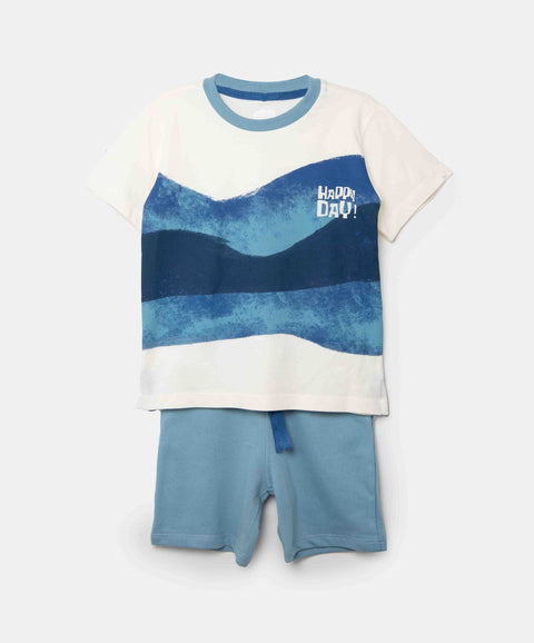 Conjunto De Camiseta Y Bermuda Para Bebé Niño En Algodón Color Marfil Y Azul