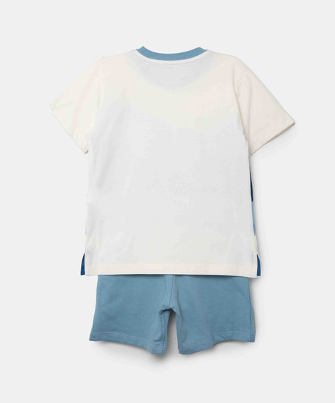 Conjunto De Camiseta Y Bermuda Para Bebé Niño En Algodón Color Marfil Y Azul