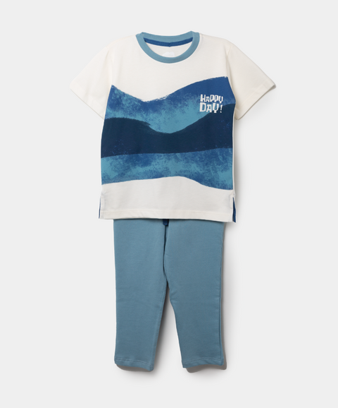 Conjunto De Camiseta Y Jogger Para Bebé Niño En Algodón Color Marfil Y Azul