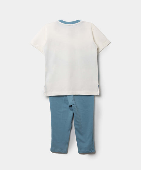 Conjunto De Camiseta Y Jogger Para Bebé Niño En Algodón Color Marfil Y Azul