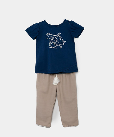 Conjunto Camiseta Y Pantalón Para Recién Nacida En Tela Suave Color Azul Y Arena