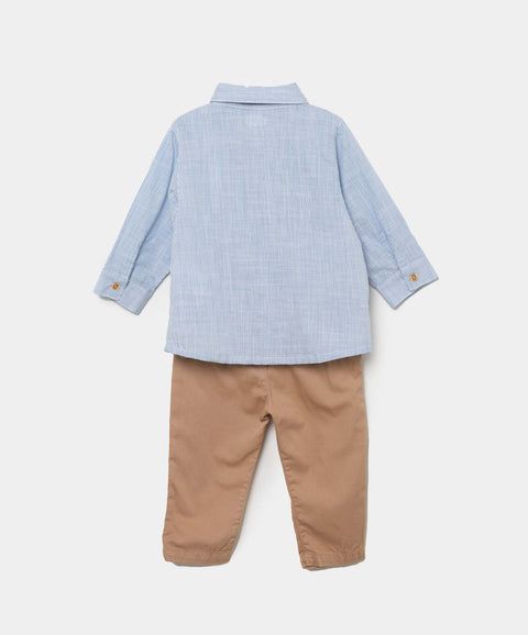 Conjunto Camisa Y Pantalón Para Recién Nacido En Tela Suave Color Azul Y Arena