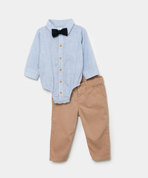 Conjunto Body Y Pantalón Para Recién Nacido En Tela Suave Color Azul Y Arena