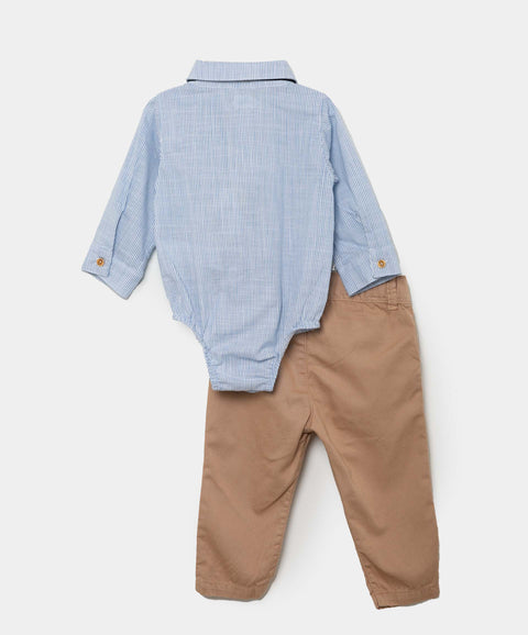 Conjunto Body Y Pantalón Para Recién Nacido En Tela Suave Color Azul Y Arena