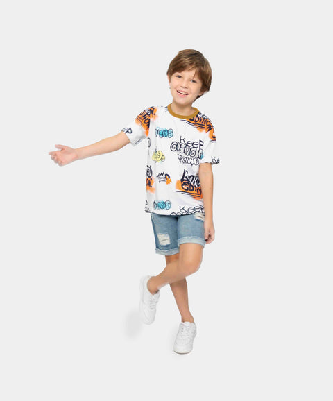 Camiseta Manga Corta Para Niño En Tela Suave Color Blanco Estampado