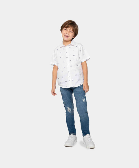 Camisa Manga Corta Para Niño En Tela Suave Color Blanco Estampada
