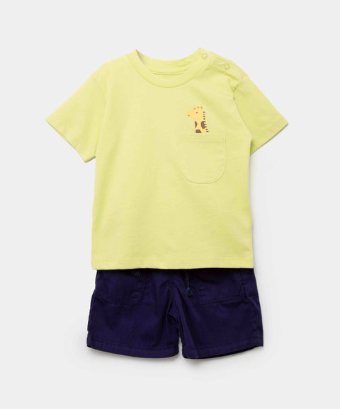 Conjunto Camiseta Y Bermuda Para Recién Nacido En Tela Suave Color Verde Y Azul
