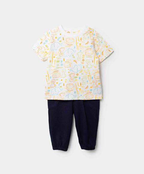 Conjunto Camiseta Y Pantalón Para Recién Nacido En Tela Suave Color Marfil Y Azul Navi