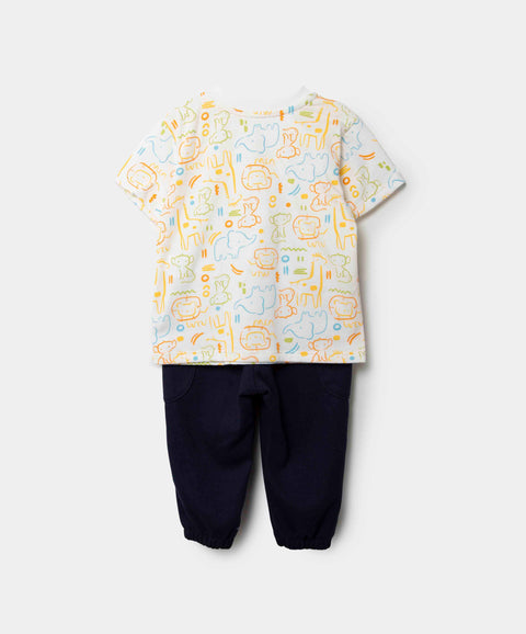 Conjunto Camiseta Y Pantalón Para Recién Nacido En Tela Suave Color Marfil Y Azul Navi