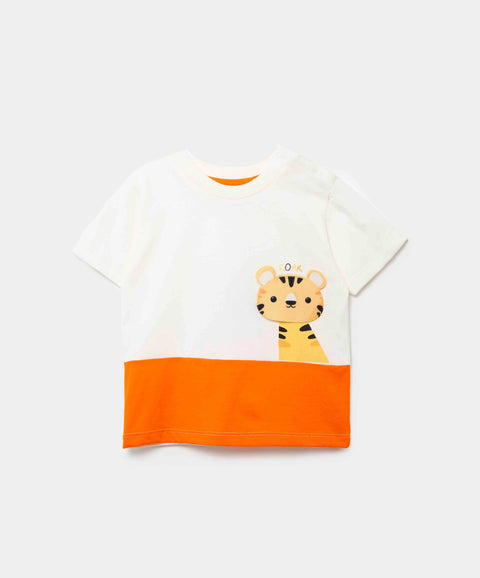 Camiseta Manga Corta Para Recién Nacido En Tela Suave Color Marfil Y Naranja