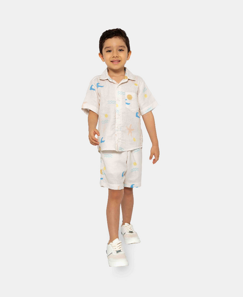 Conjunto De Camisa Y Bermuda Para Niño En Algodón Color Marfil