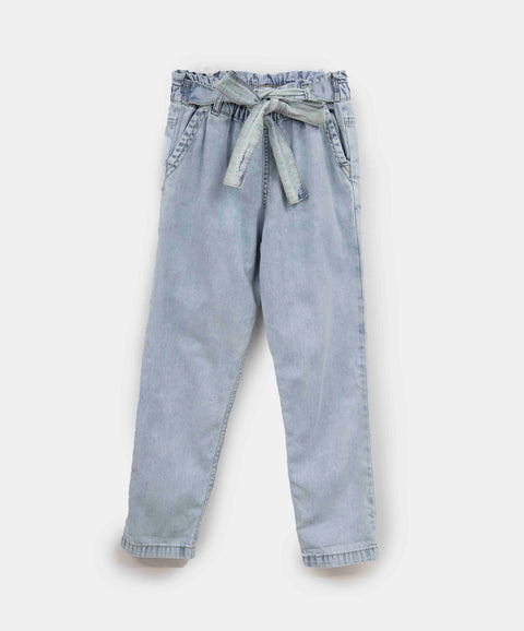 Jean Paper Bag Para Niña En Denim Tono Claro