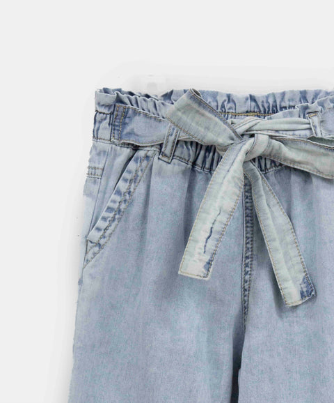 Jean Paper Bag Para Niña En Denim Tono Claro
