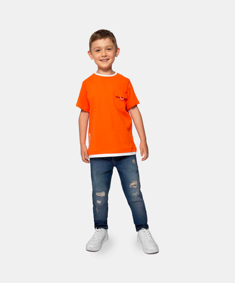 Camiseta Manga Corta Para Niño En Tela Suave Color Gris Naranja