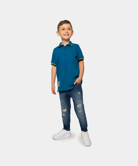 Camiseta Tipo Polo Para Niño En Algodón Color Azul Petróleo