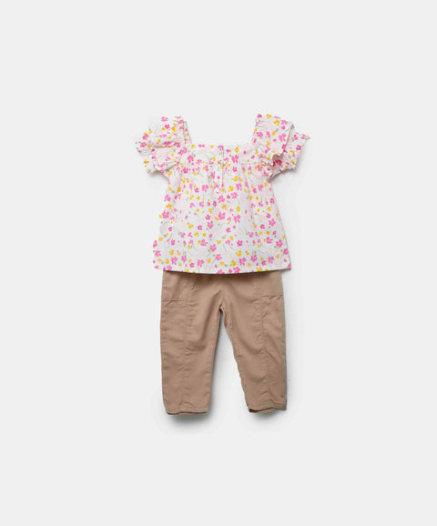 Conjunto Blusa Y Pantalón Para Recién Nacida En Tela Suave Color Rosado Y Arena